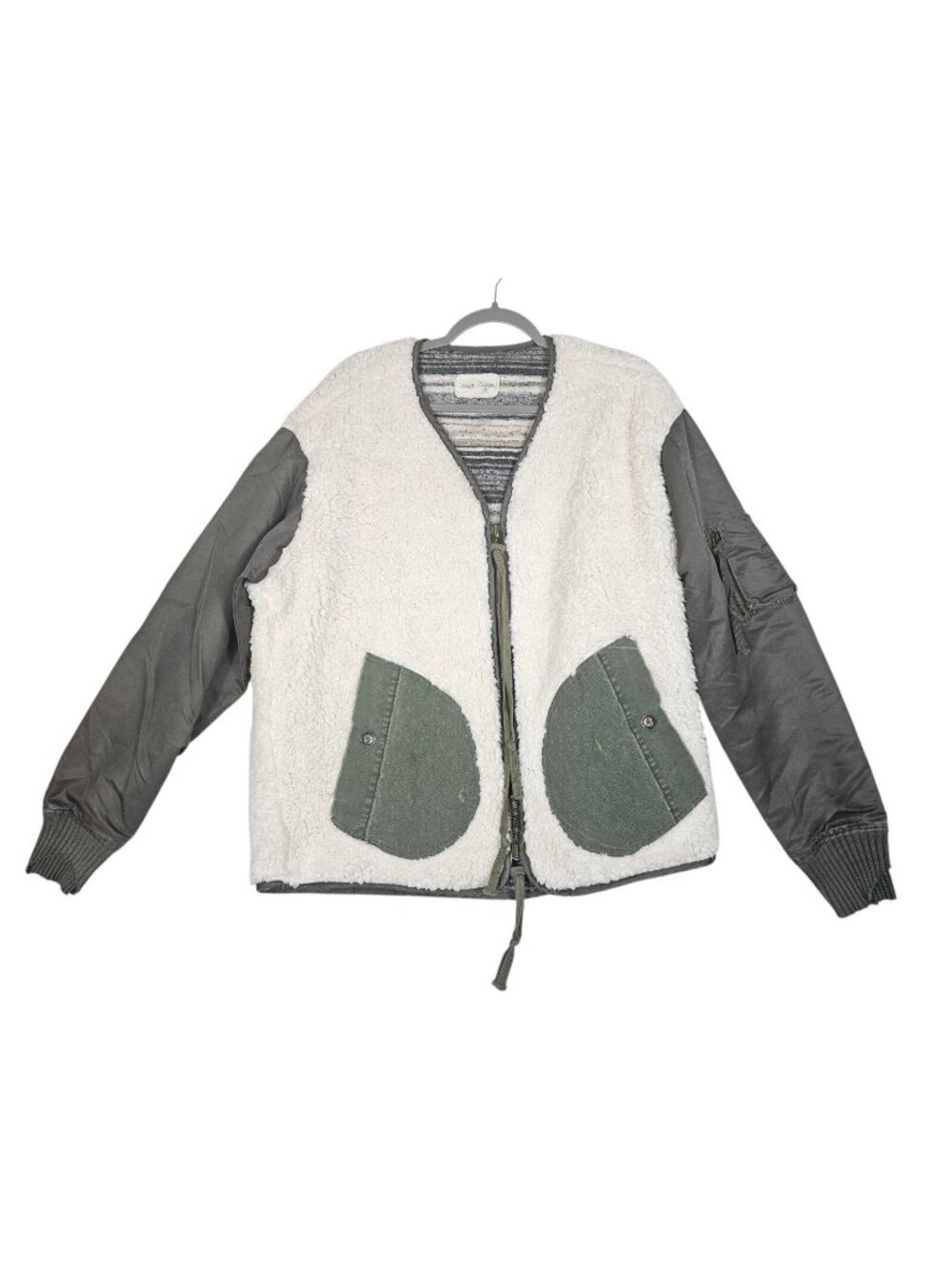 Greg Lauren Sherpa Washed Satin Modern Flight Bomber Jacket Olive Ivory USA
